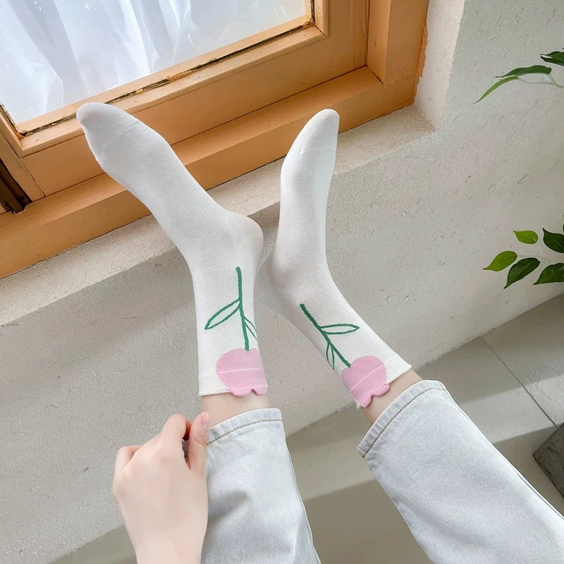 1 Paar Frauen Baumwoll socken süße Tulpe Blumen Socken für Mädchen Famale japanische Harajuku Mid Tube Casual Socken – Detail 7