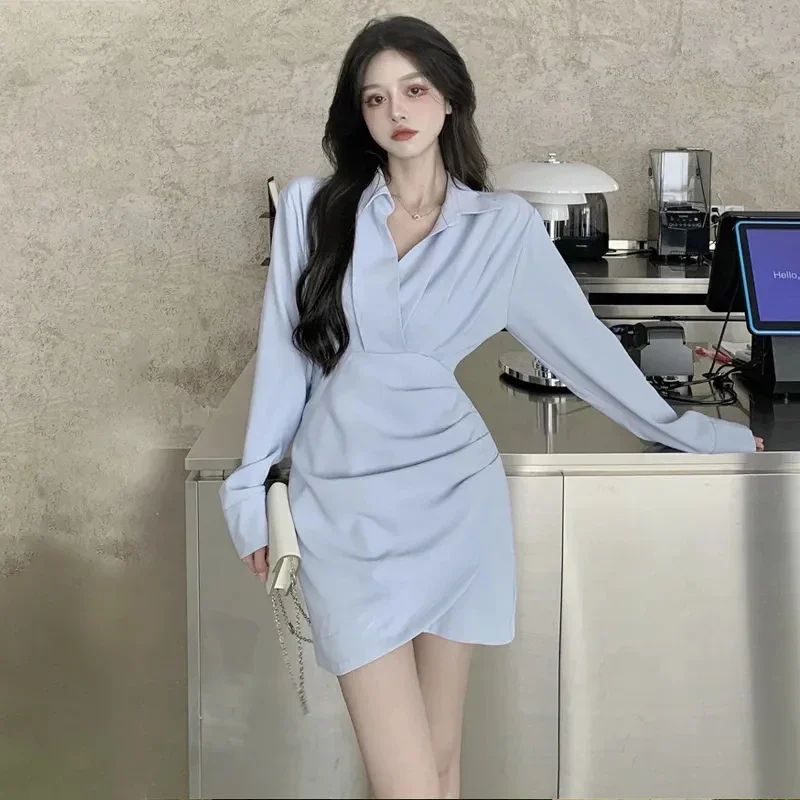 

Shirts Dress Women Korean Irregular Folds A Line Dress Office Lady Elegant Long Sleeve Asymmetrical Pleated Slim Vestidos