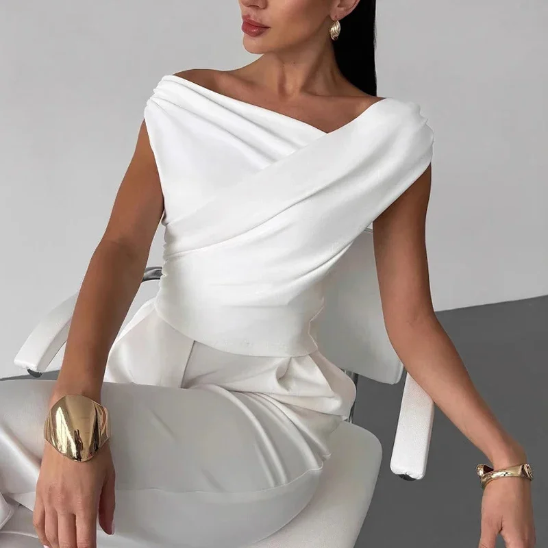 New Summer Women's Slanted Shoulder Slim-fitting and Thin Sleeveless Short Top Elegant Solid Color Fashion Casual Waist Blouse