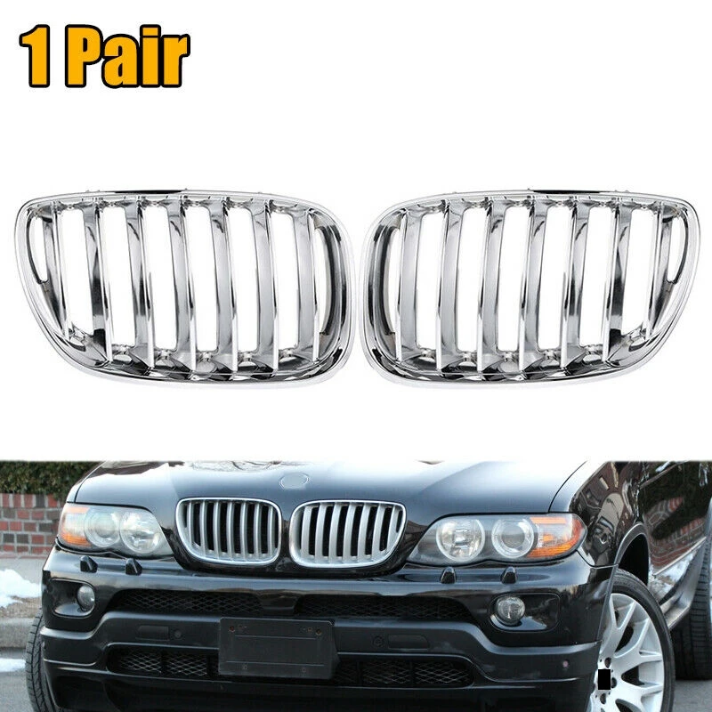 

NEW-Car Chrome Front Bumper Grille Kidney Grills For-BMW X5 E53 2004-2006