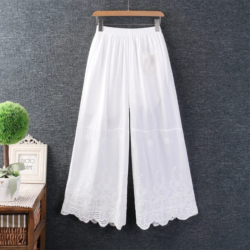 Japanese Wide Leg Pants for Women, Casual Loose Pants, Hollow Out Lace Embroidery, Cotton Linen, Summer and Spring