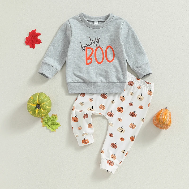 

2023-07-02 Lioraitiin 0-3Years Baby Boys Girls 2Pcs Fall Outfits Long Sleeve Letter Sweatshirt Pumpkin Pants Set Toddler Clothes