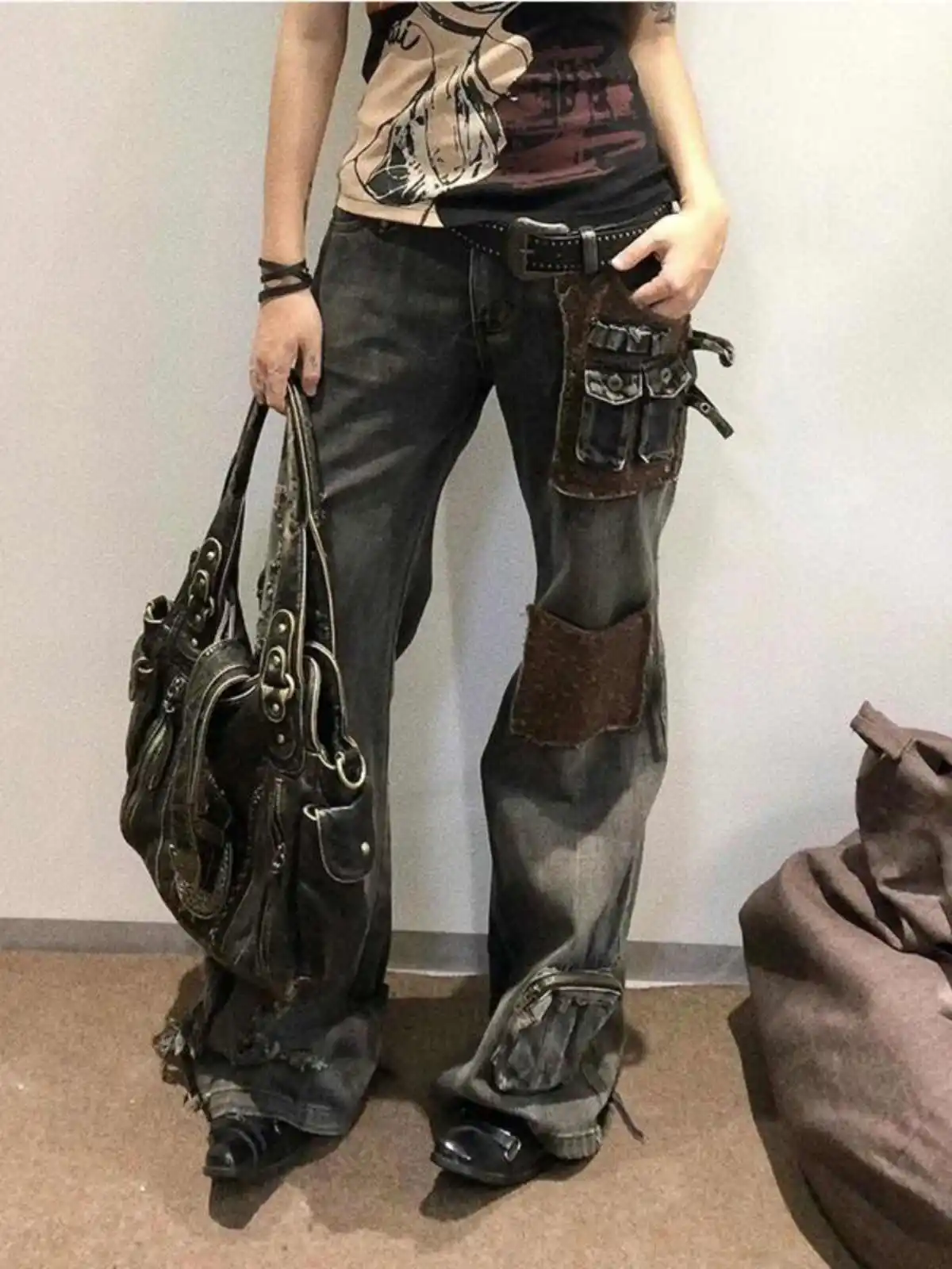 Women Goblin Core Flare Cargo Jeans Grunge Japanese Abi Low Rise Gyaru Y2K Denim Pants 2000s Aesthetic Bell-Bottom Punk Goth New 2