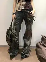 Women Goblin Core Flare Cargo Jeans Grunge Japanese Abi Low Rise Gyaru Y2K Denim Pants 2000s Aesthetic Bell-Bottom Punk Goth New 2