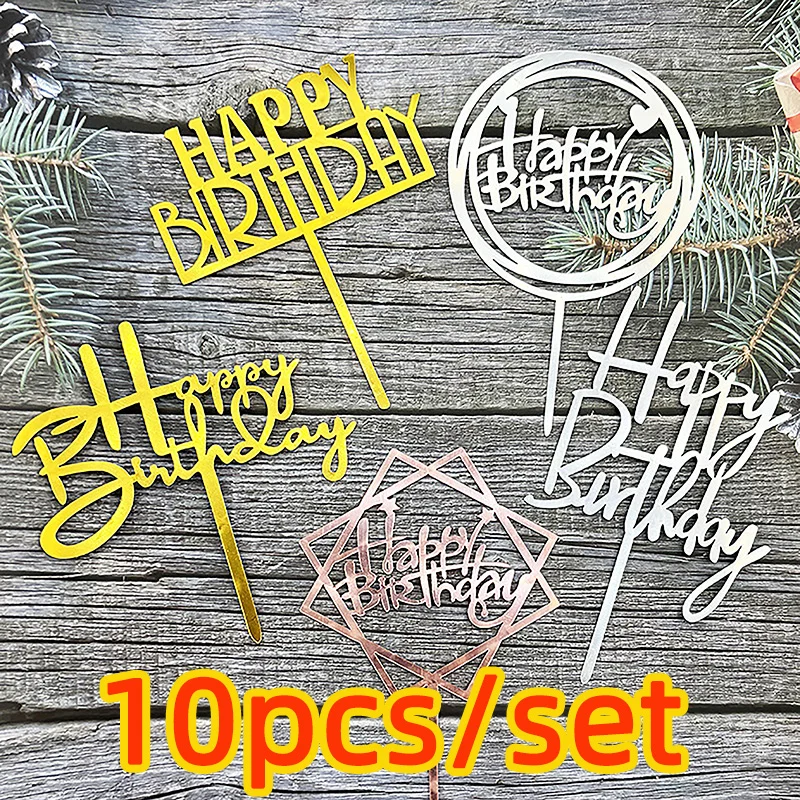 Cake Topper 10 Pcs Acrylic Happy Birthday Cake Topper Pink Gold Silver Acrylic Kids Men Women Cake Decorations Baby Shower Gift Supplies