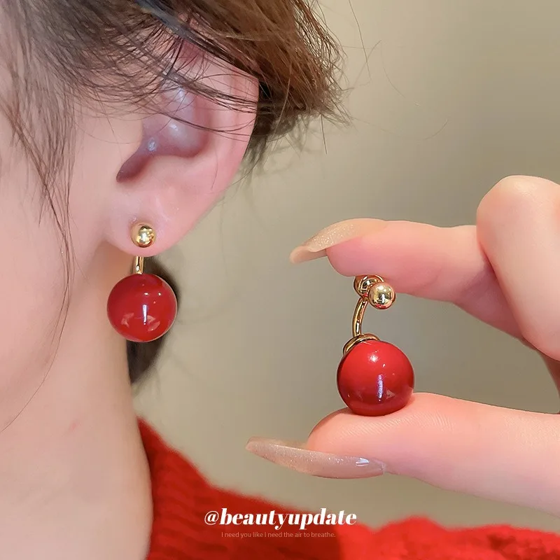 

Trendy Red Pearl Stud Earrings for Women Sense of Luxury Korean Fashion Jewelry S925 Silver Needle Wedding Party Gift
