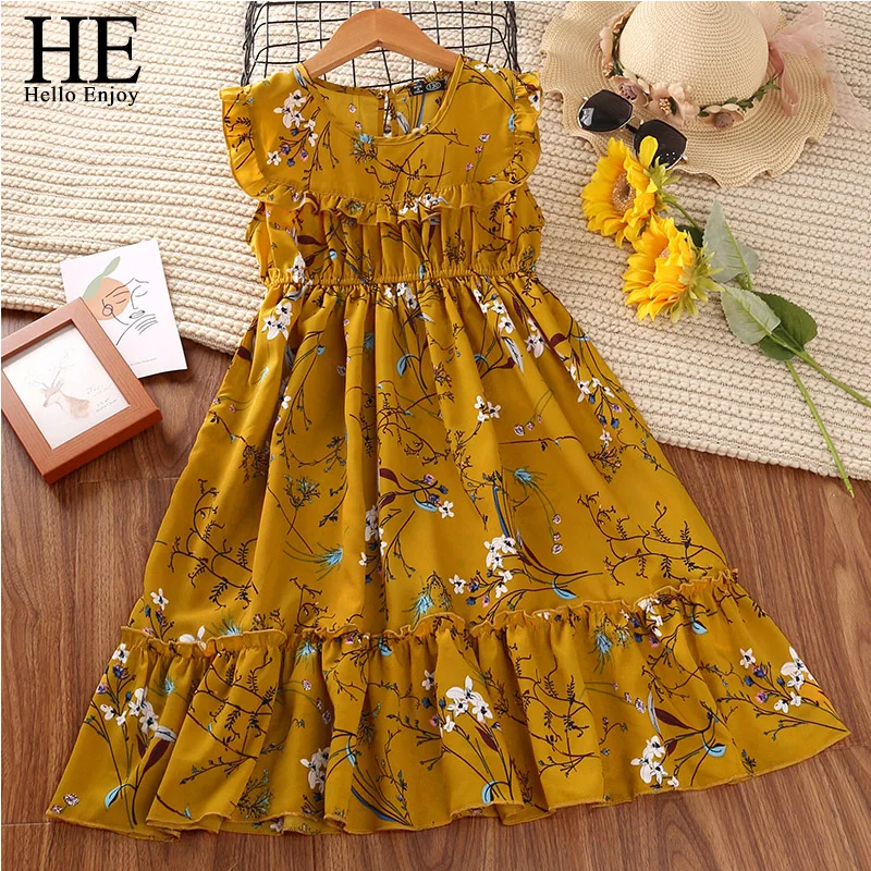 Платье для девочек HE Hello Enjoy летнее с цветочным принтом и расклешенными рукавами |