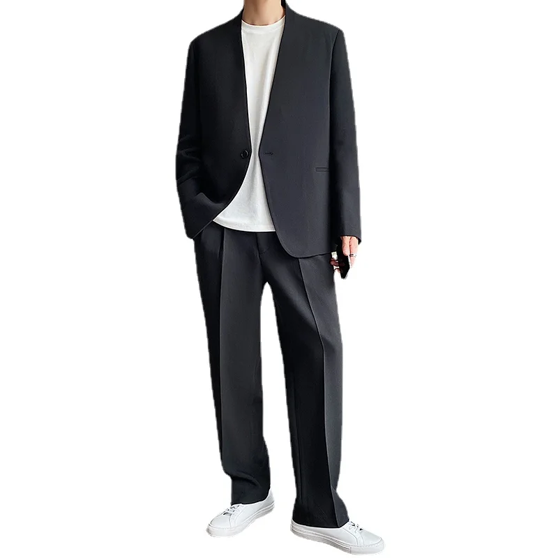 

Men 2 Pieces Suits Sets Collarless Blazer Jacket Pant Male Korean Streetwear Fashion Loose Business Casual Dress Suits