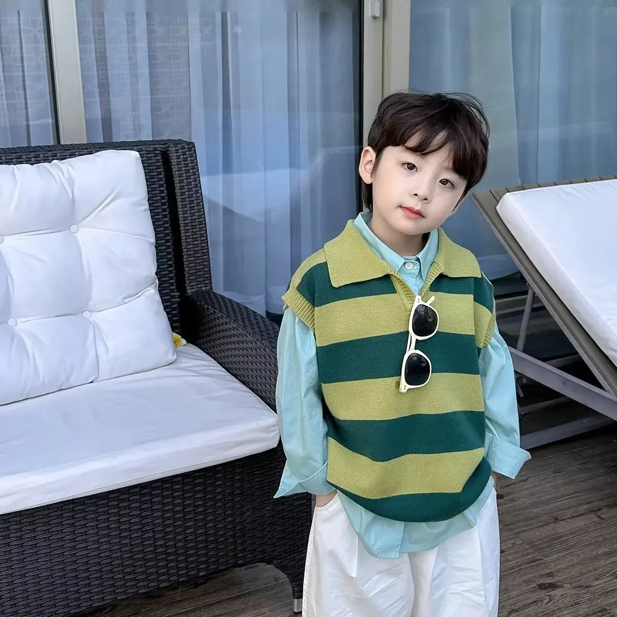 소년용 세련된 니트 조끼, 트렌디 베이비 탑, 숲 시스템, 어린이 줄무늬 조끼, 어깨, 용수철 가을, 2023 신상