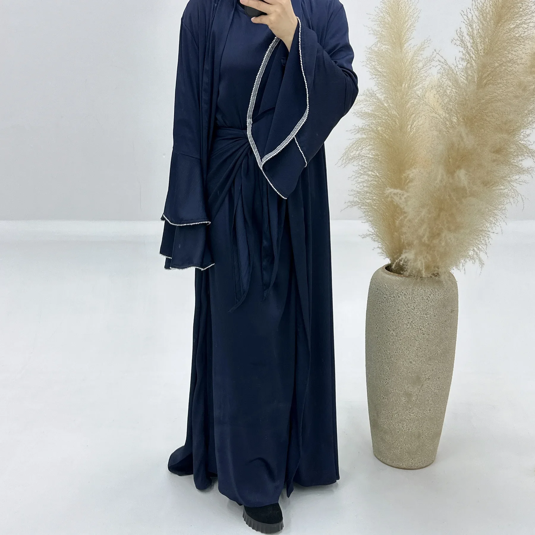 Eid 3 Piece Abaya Set Satin Kimono+Inner Dress+Wrap Skirt Matching Muslim Sets for Women Dubai Turkey Islam Hijab Outfit Kaftan