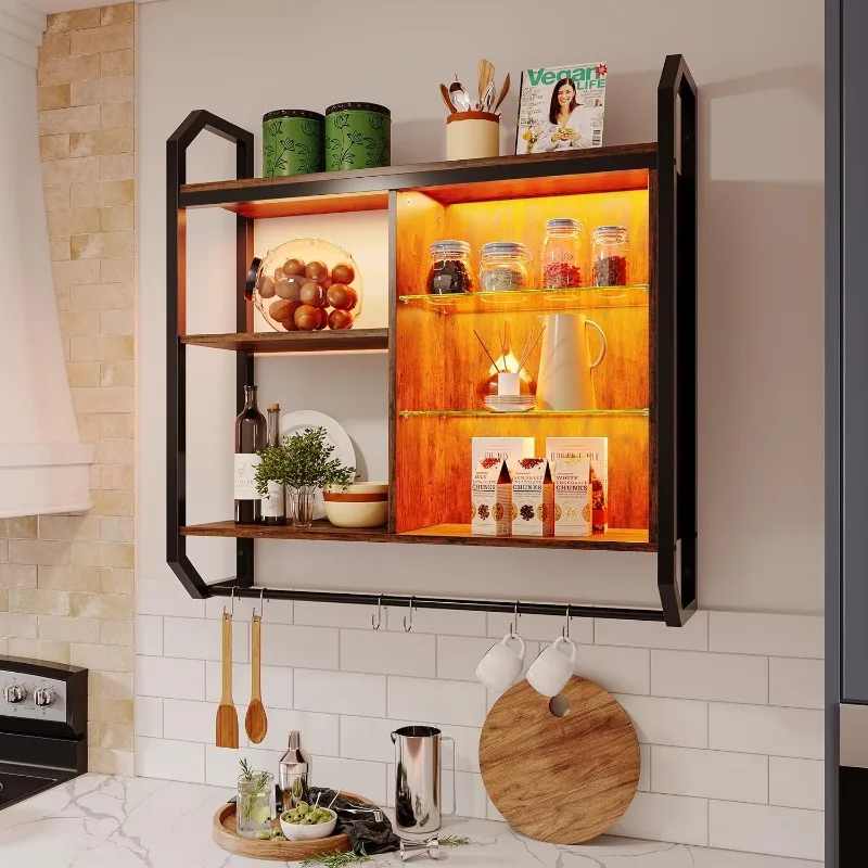 

LED Kitchen Floating Shelves, 34" Industrial Pipe Shelves with Adjustable Glass Shelves, Wall Mounted Shelf with 6 S-Hook