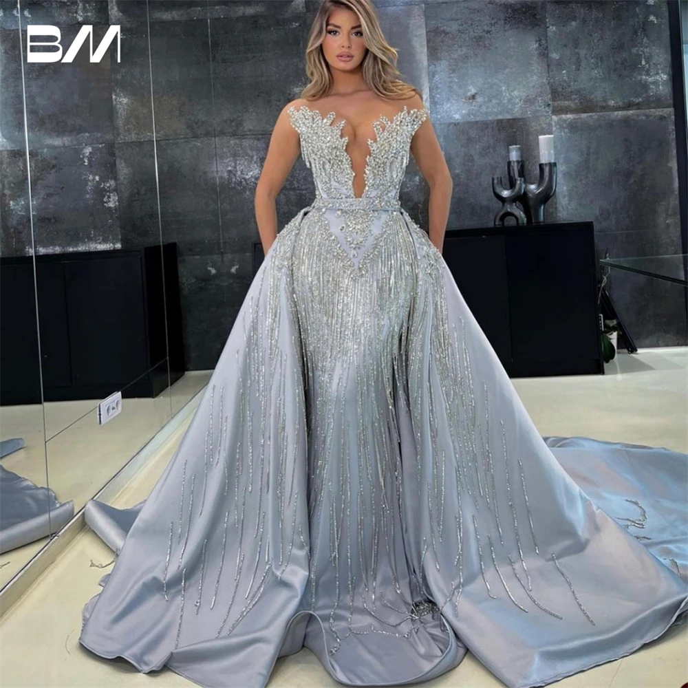 

Mermaid Deep V Neck Prom Gowns Sweetheart Sequins Detachable Train Party Dresses Custom Made Sexy Crystal Evening Dress
