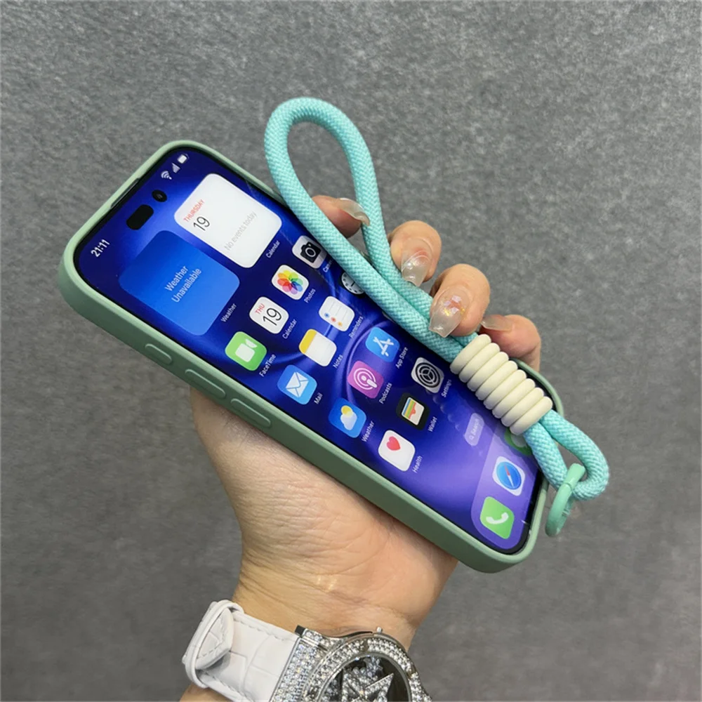 Luxury Solid Liquid Silicone Phone Case with Lanyard and Ring Holder - Matte Frosted Finish