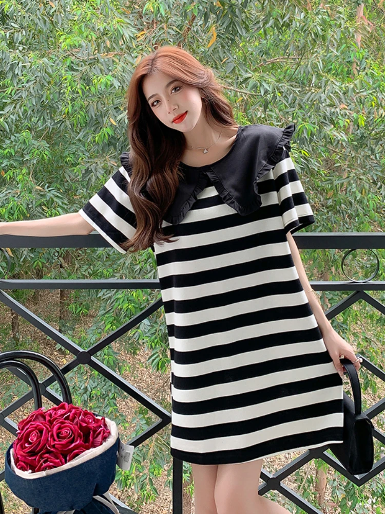 

Dress Schoolgirl Striped Fashion Peter Pan Collar Simple Korean Streetwear Academy Daily Al Match Breathable Casual New Dress