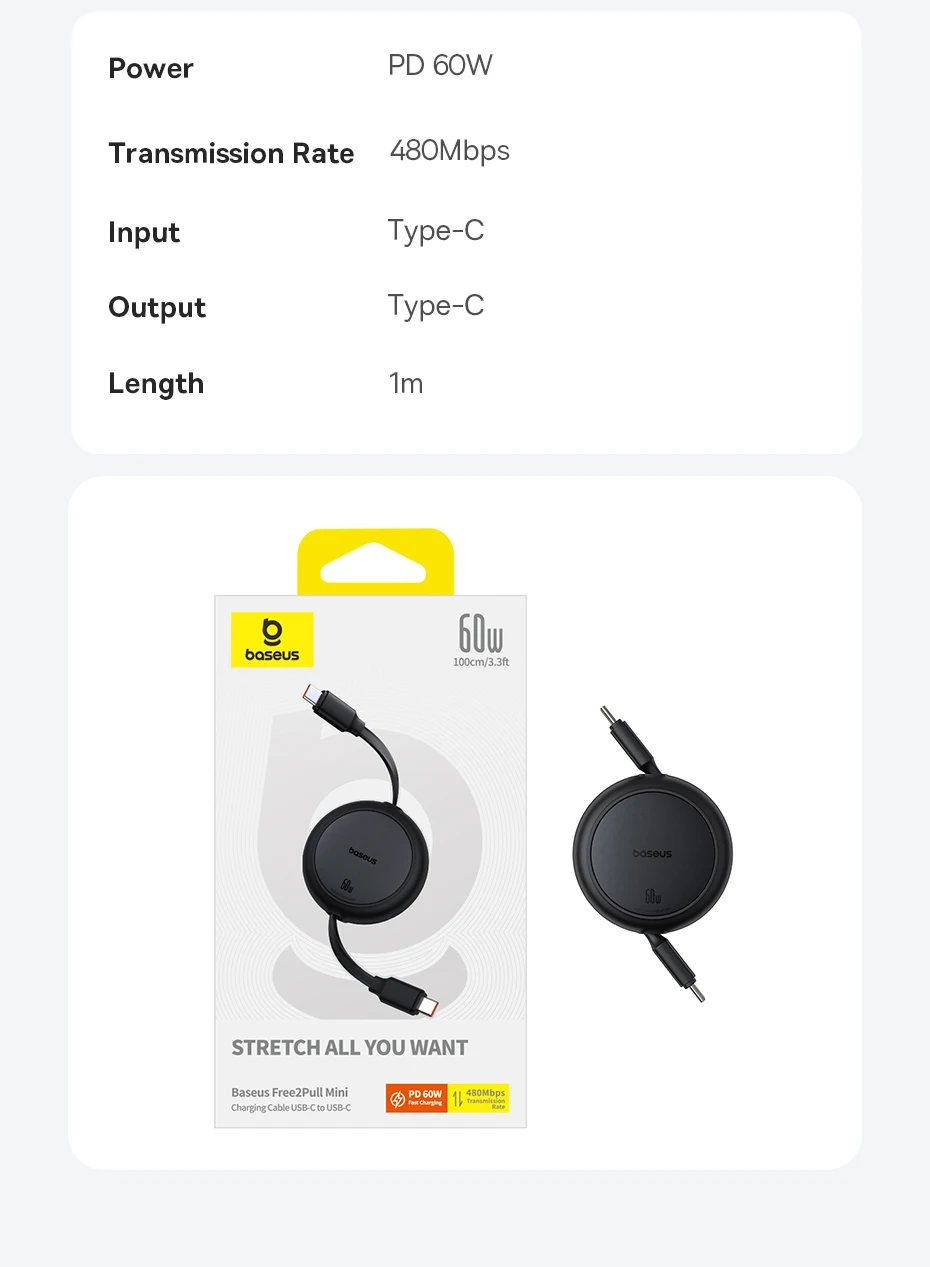 Baseus 60W Retractable USB-C to USB-C Fast Charging Cable