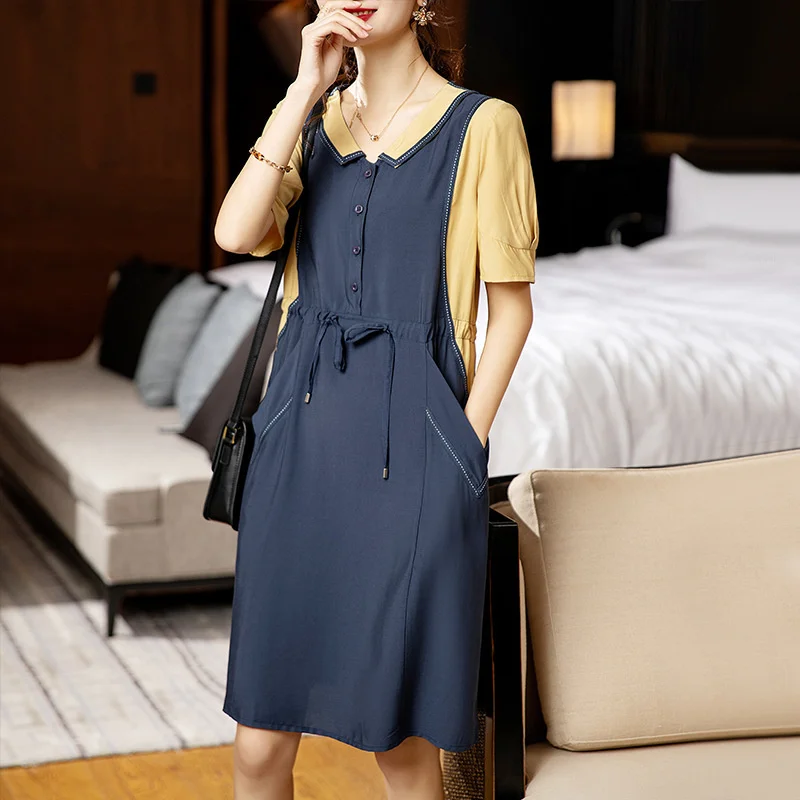 

#4553 Spliced Color False Two Piece Shirt Dress Peter Pan Collar Buttons Summer Vintage A-line Dress Drawstring Waist Pockets