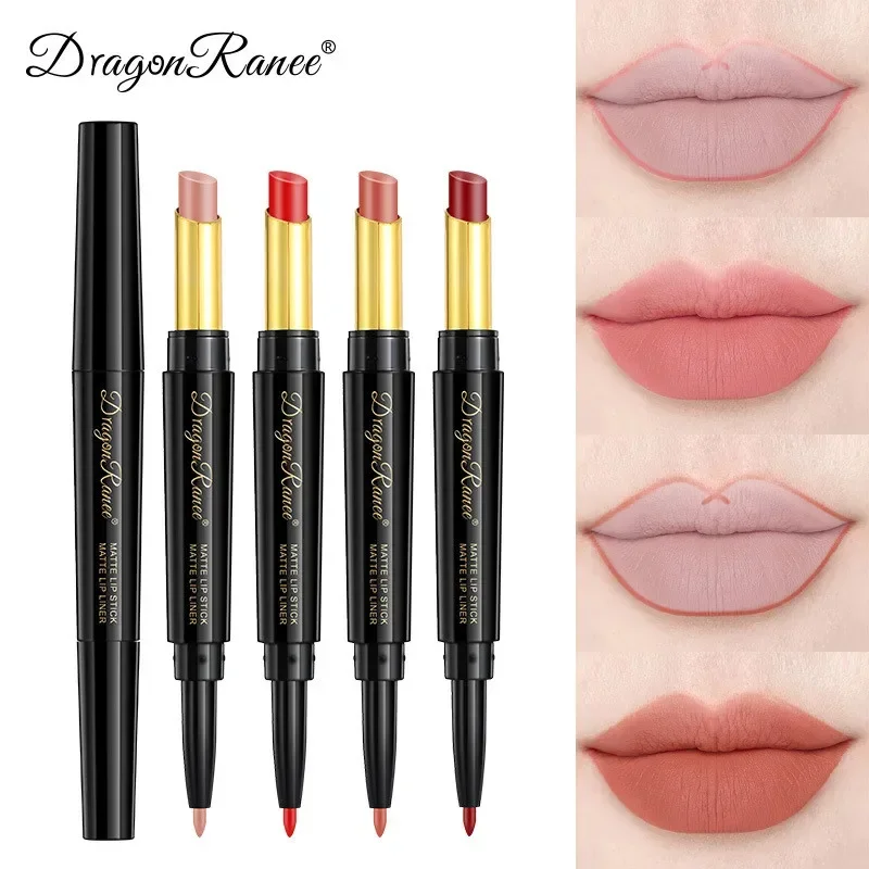Batom Matte 2 em 1 em Lápis com Ponta Dupla, Delineador Labial em Pasta, Longa Duração, À Prova D'Água, Ideal para Maquiagem Feminina_voghion.com
