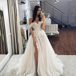 Lace Wedding Dresses 2022 Off The Shoulder Sweetheart Neck Custom Made To Measures Tulle Bridal Gowns Side Split Vintage A-Line