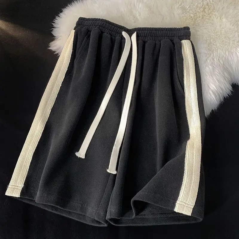 Summer New High Street Patchwork Striped Sports Shorts Elastic Waist Loose All-match Straight Pants Casual Fashion Women Clothes