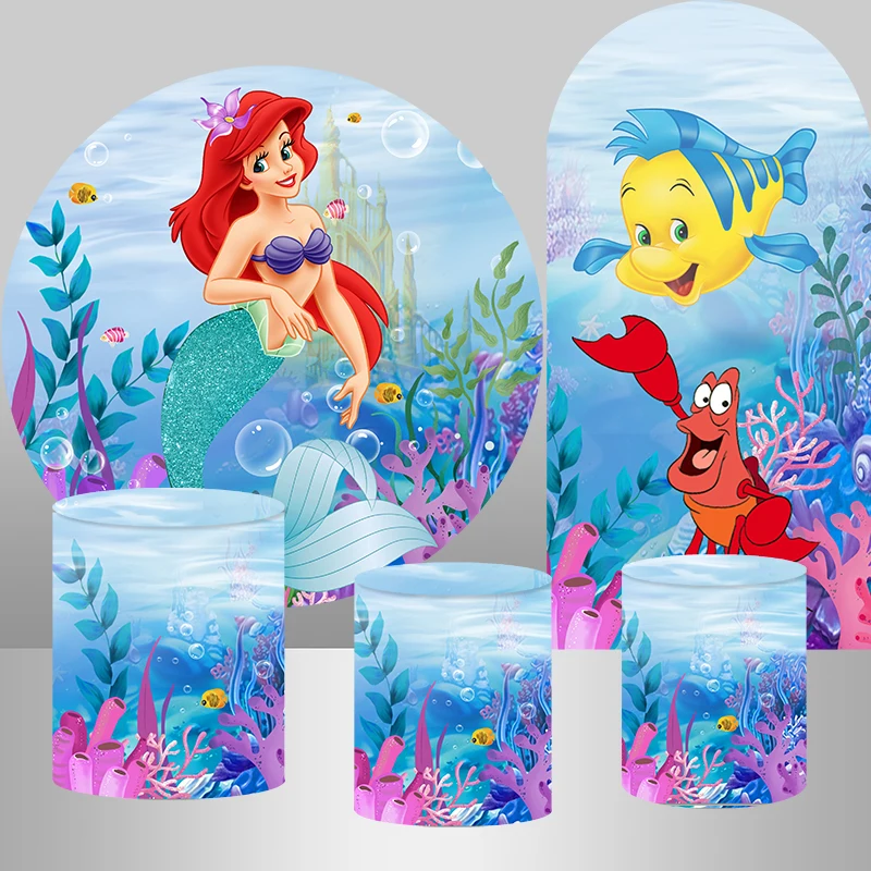 Pano de Fundo Redondo da Pequena Sereia Ariel Fundo do Arco para Festa de Bebê Decoração de Aniversário sob o Mar Princesa Chiara