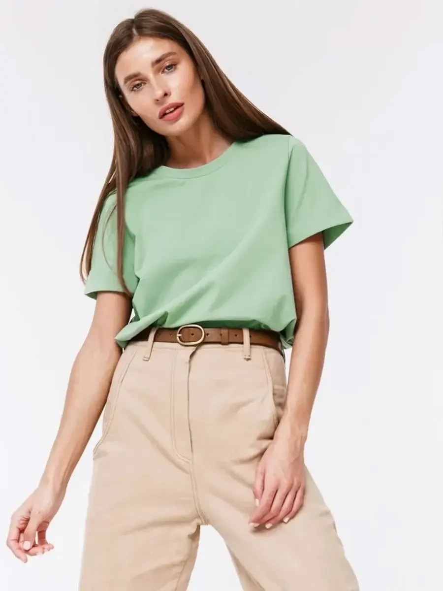thumbnail image 1 of Camiseta de verano 100 % algodón para mujer de Bornladies, básica, moderna, lisa, de manga corta, holgada, 230 g/㎡, 1 of 5