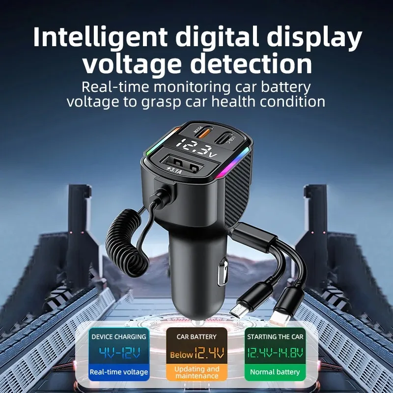 PD 30W Car Charger Cigarette Lighter Adapter USB Type-C with  Spring Wire Fast Charging Cable For iPhone Xiaomi Huawei Samsung