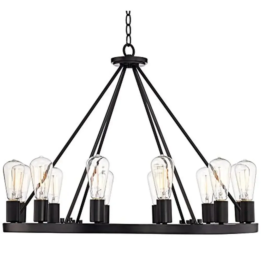 Rustic 12-Light Iron Chandelier Industrial Black Wagon Wheel Lighting Fixture