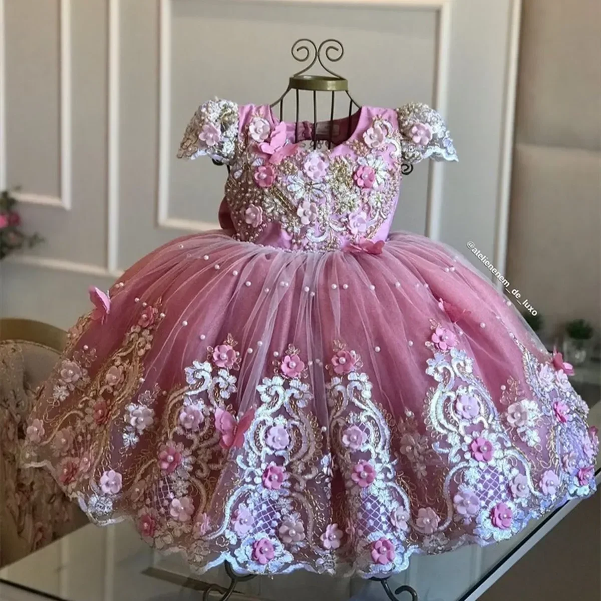 Flower Girl Dresses Applique Tulle Pearls Ball Kids Pageant Gown Wedding Birthday Party First Communion Wear