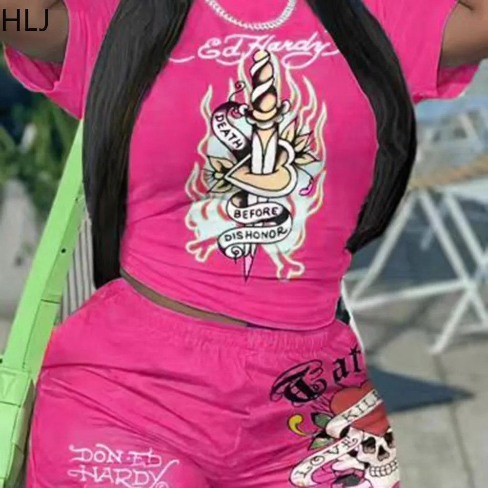 HLJ Summer New Y2K Pattern Printing Two Piece Sets Women Round Neck Short Sleeve Tshirts + Shorts Outfits Female 2pcs Tracksuits