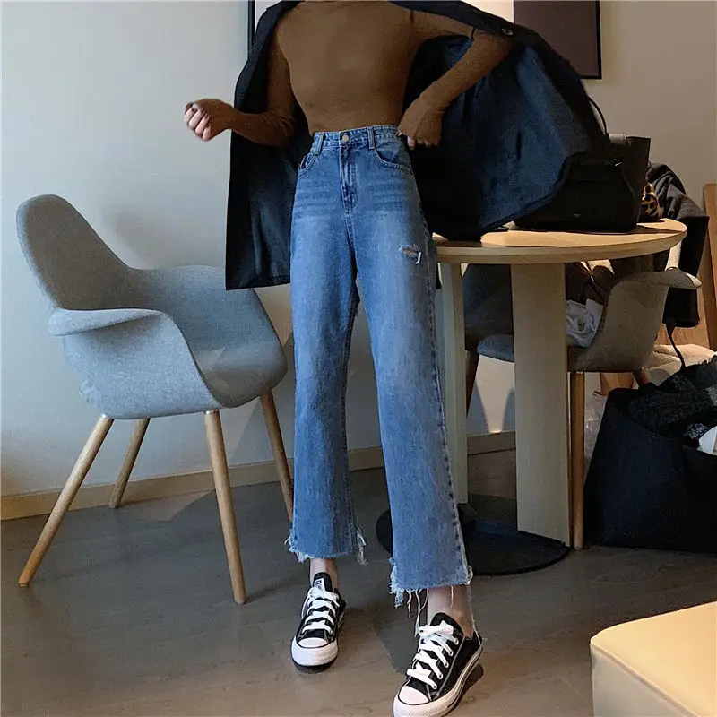 

Autumn High Waist Denim Hole Ripped Destroyed Female Fashion Spring Casual Blue Jeans Trousers Women Elastic Holes Jeans Pants