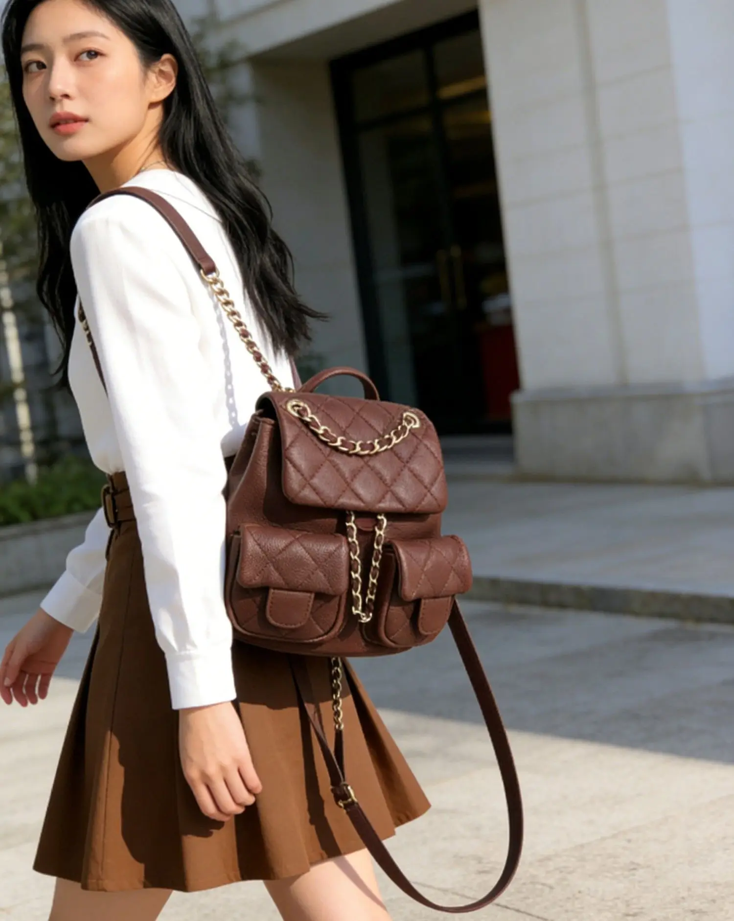 Retro Hong Kong Style Women's Backpack Fashionable Travel Bag with Hooks Casual Versatile Waterproof Soft Shoulder Bag