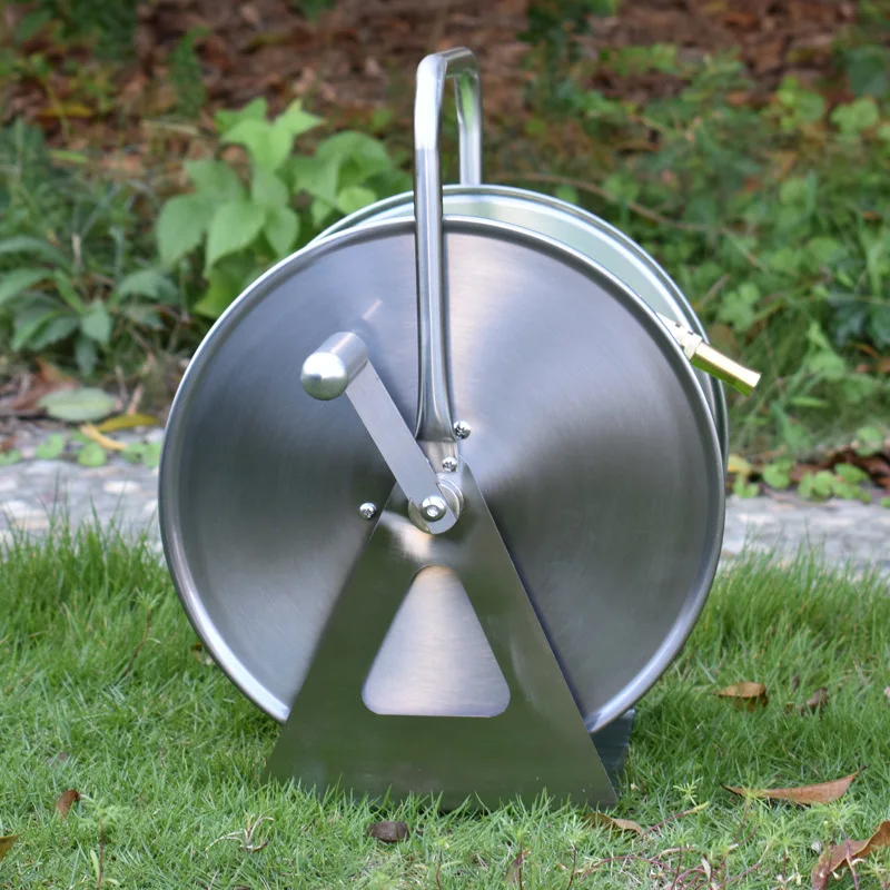 Support de dévidoir de tuyau d'arrosage avec tuyau d'eau et pistolet,  majordome de dévidoir de tuyau d'eau de jardin en métal en acier  inoxydable