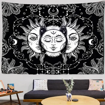 Tapisserie murale Mandala blanche et noire, soleil et lune, suspendue, Tarot Hippie, décoration de dortoir, couverture 1