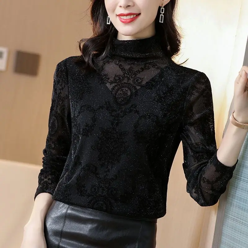 Elegant Stand Collar Spliced Gauze Bright Silk Blouses Women's Clothing 2023 Autumn Winter Loose Casual Tops Office Lady Shirts
