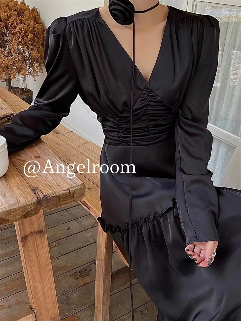 Autumn Satin Midi Dresses for Women Long Sleeve V-neck Folds Design A-line Korean Fashion Office Lady One Piece Vestidos New