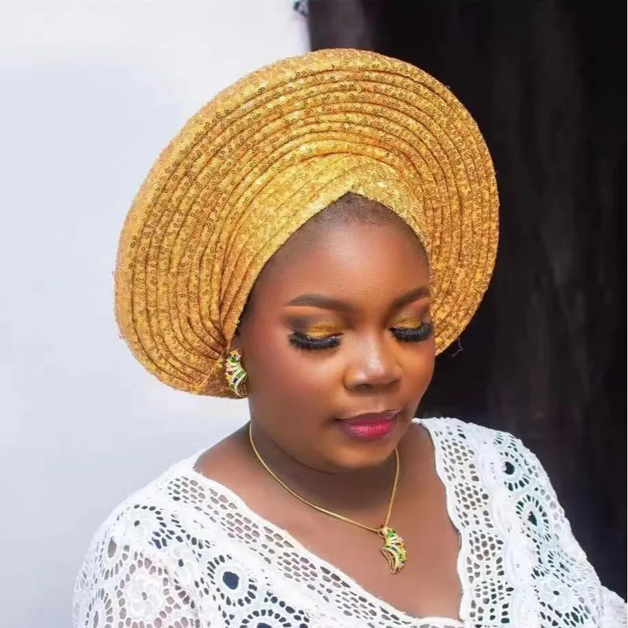 

2024 Sequins Turban Chemo Cap for Women Ready to Wear African Auto Gele Headtie Nigeria Wedding Geles Female Head Wrap Headpiece