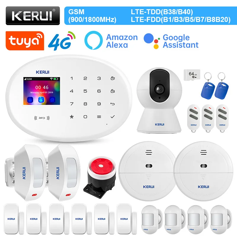 

KERUI W204 Smart Home Alarm System 4G WIFI GSM Alarm Motion Sensor Detector Alexa Door Sensor Flashing Siren RFID Tag IP Camera