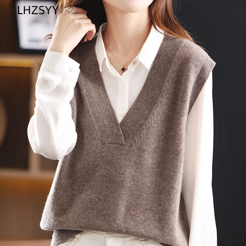 LHZSYY Autumn New 100%Pure Wool Knit Waistcoat Women V-Neck Pullovers Large  Size Sleeveless Sweater Loose Vest Blouse Base Shirt _ - AliExpress Mobile