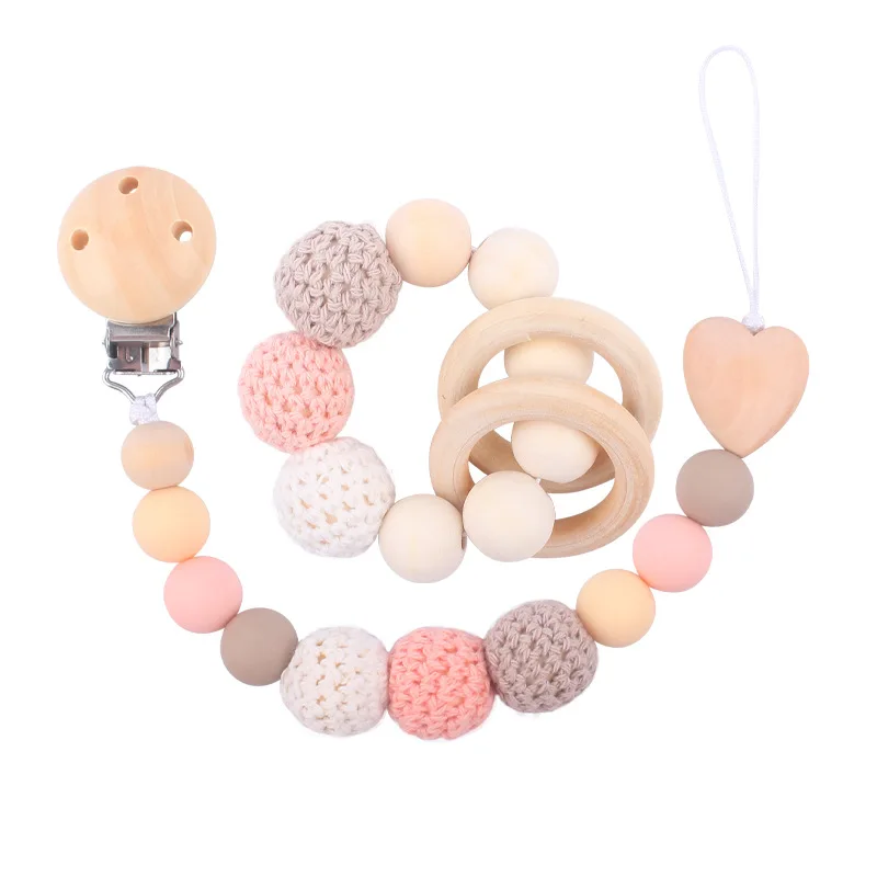 Pacifier Clip Baby Wooden Teethers Bracelet Set Silicone Beads Babies Soothe Nipple Teething Toys Anti-lost Chain Newborn