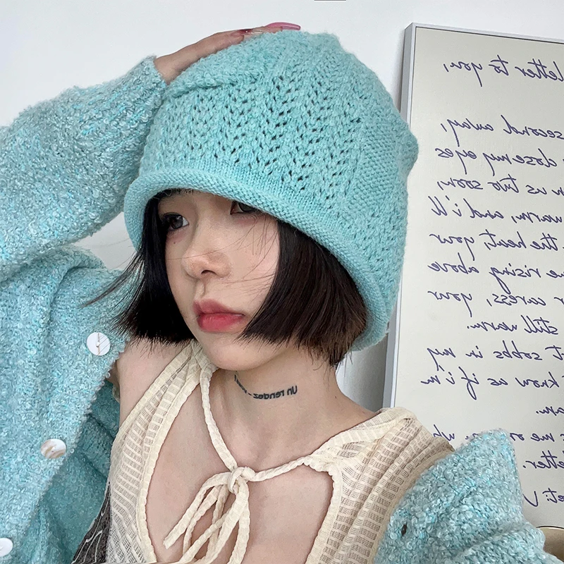 

Fresh Lake Blue Beanies Cap 2022 Winter Korean Hollow Crochet Basin Hat Knitted Wool Bear Towel Embroidered Cute Women's Hats