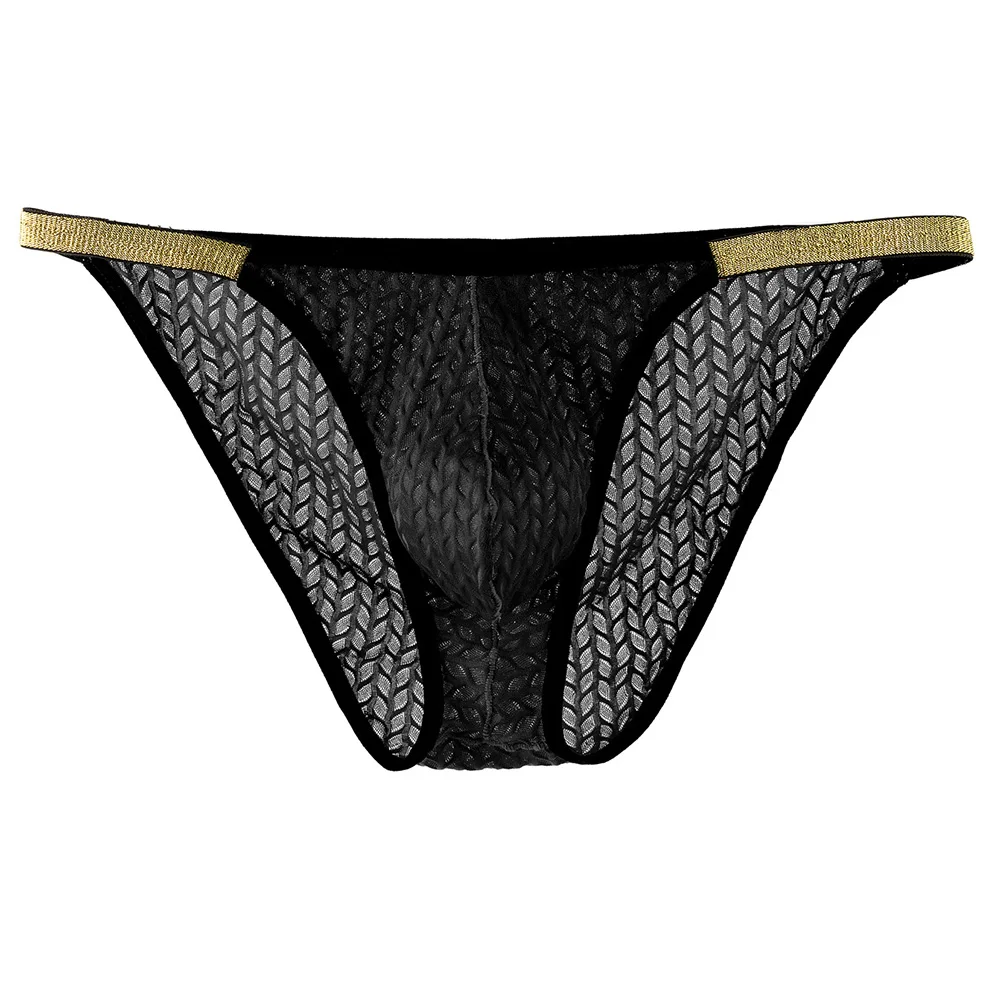 

Underwear Men Sexy Thin Gold Edge Briefs U Convex Pouch Low Waist Bikini See-through Underpants High Fork Panties Lingerie