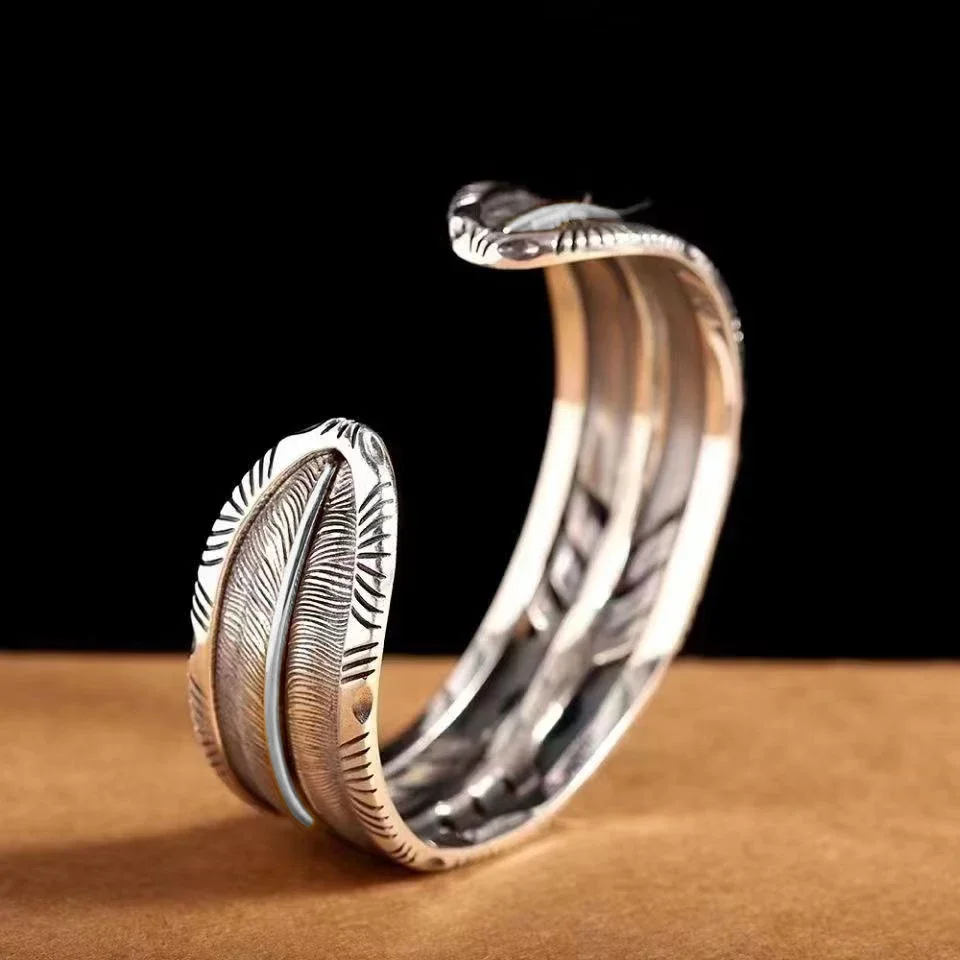 Silver Plated Turquoise Feather Wings Open Bracelet Men Domineering Cuff Bangles Women Fashion Party Jewelry Gift bangle bracelet