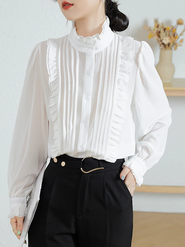 QOERLIN French 2023 Spring New Elegant Lady Stand Collar Ruffled White Shirt Ruffles Lace Women Long Sleeve Blouse Flare Sleeve