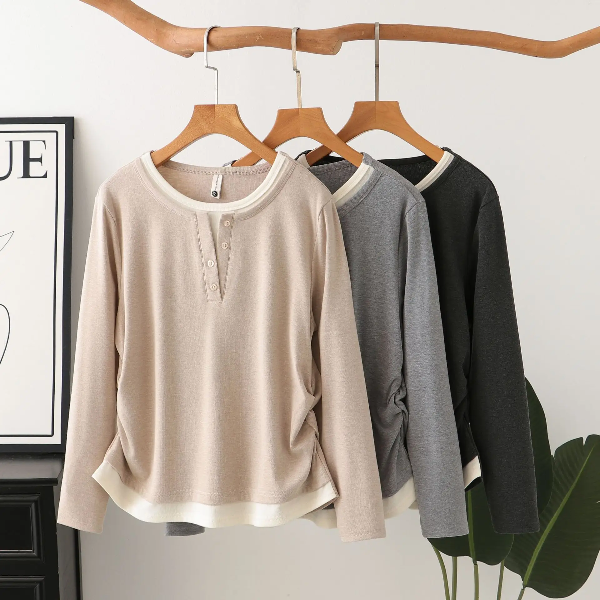 XXXXL Fashion Plus Size Women's T-Shirt Fake 2 Pieces Long Sleeved Stylish Tops Autumn Oversized Fold Side Base Tees 8223