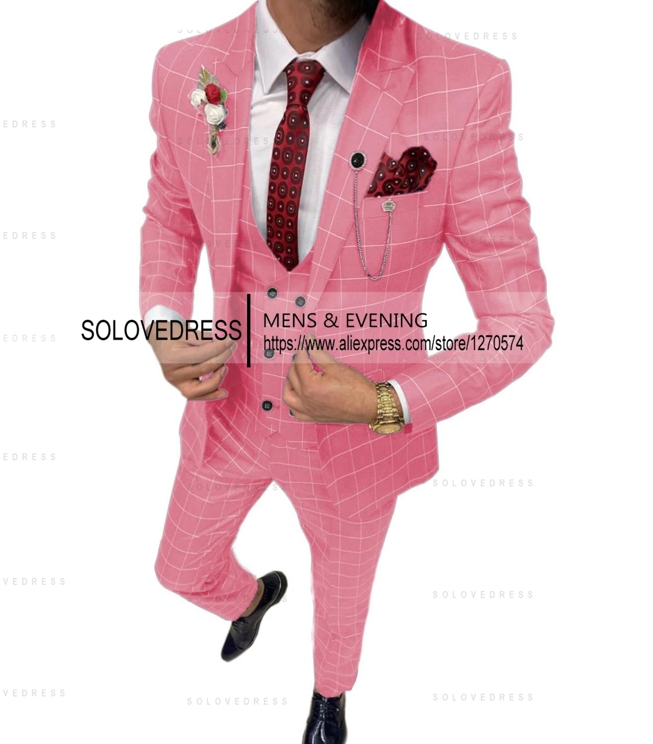 Mens Fashion 3 Pieces Men's Suit Plaid Breathable Prom Tuxedos for Wedding Grooms (Blazer+Vest+Pants)