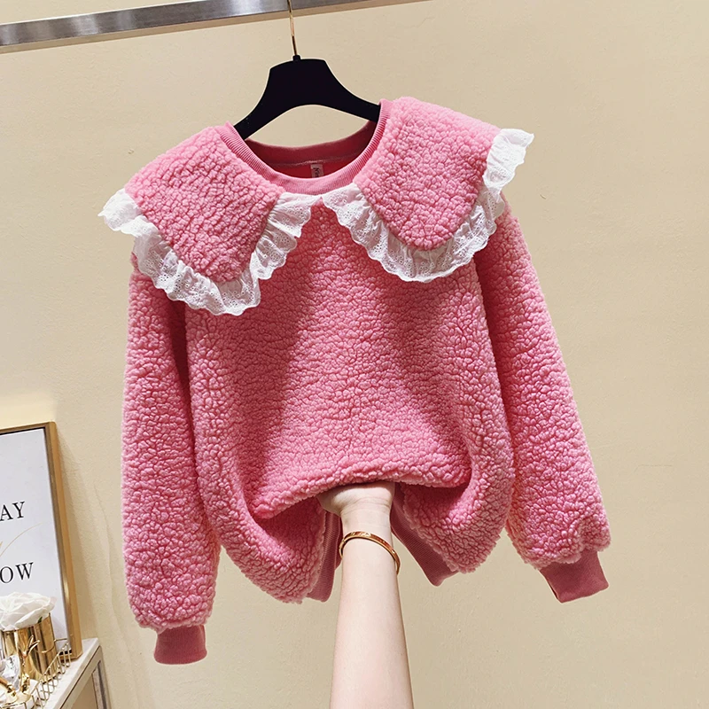 

2023 осень зима женские Свободные флисовые пуловеры лоскутный воротник Питер Пэн трендовые топы из овечьей шерсти толстые теплые свитшоты