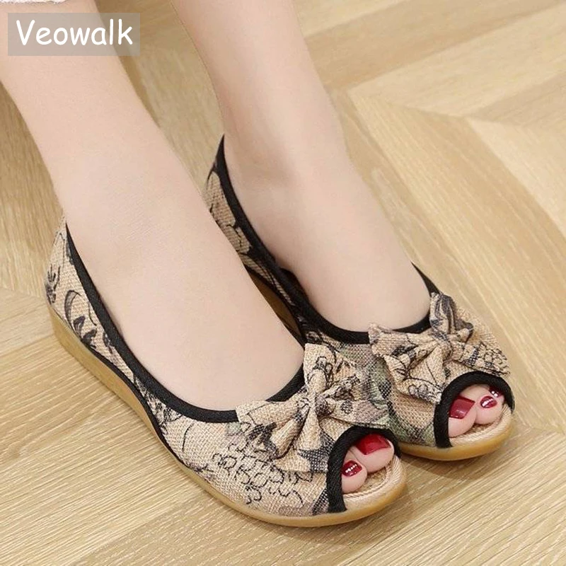 Veowalk Rainbow Striped Women Peep Toe Flat Shoes Slip On Cotton