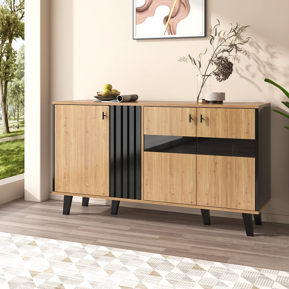 KOMHTOM Großes Sideboard - Holz und Schwarz mit LED-Licht, Glas und Stauraum - Vielseitig einsetzbares Design – Detail 1