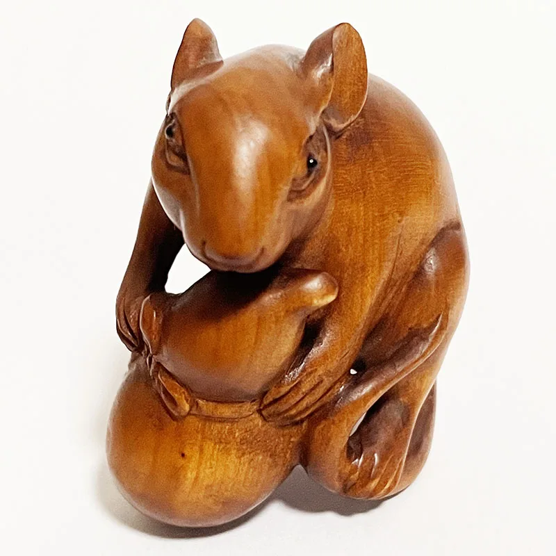

2 INCH Japanese Boxwood Hand Carved Netsuke Sculpture Miniature Zodiac Mouse