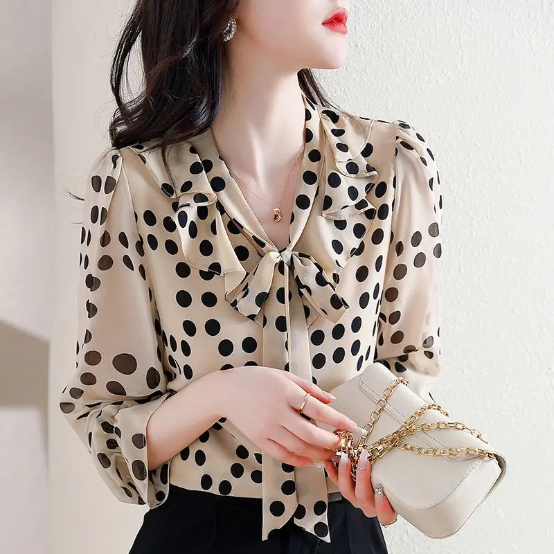 Spring Autumn New Chiffon Polka Dot Shirt Tops Bow V Neck Long Sleeve Lacing Loose Office Blouse Fashion Elegant Women Clothing